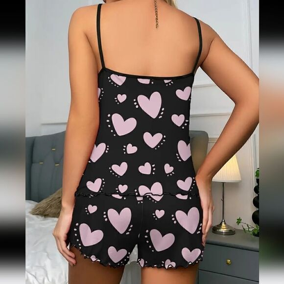 Black and Pink Heart Print Pajama Set Sleeveless Stretch Sleepwear Size XL - Picture 4 of 5
